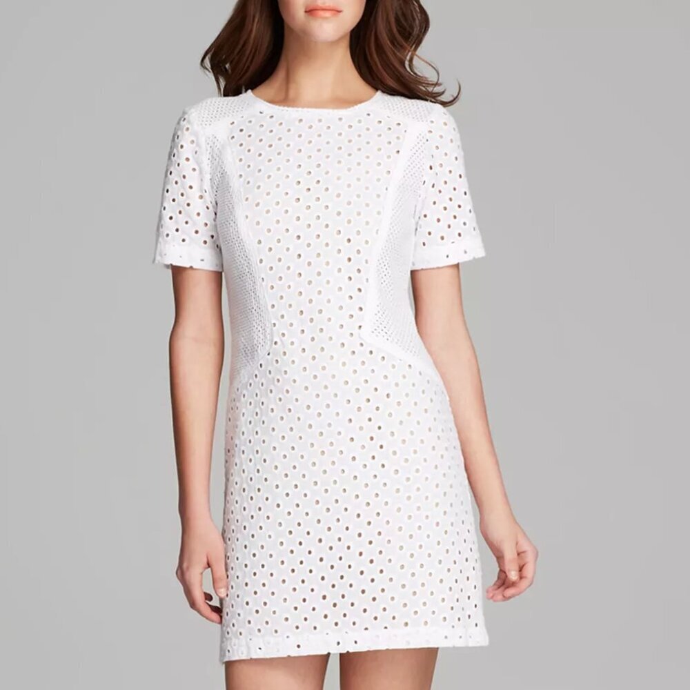 Trina Turk Marquise Circle Eyelet Dress white shift short sleeve nude lined XS 2
